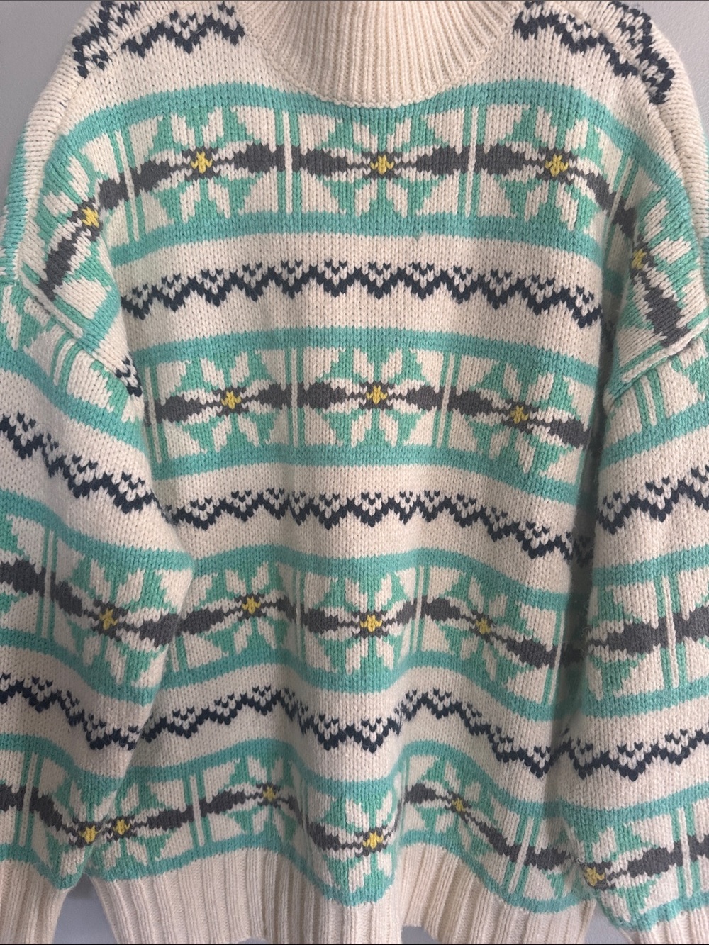American Eagle Cozy Fair Isle Knit Sweater in Cream & Mint - Picture 2 of 5